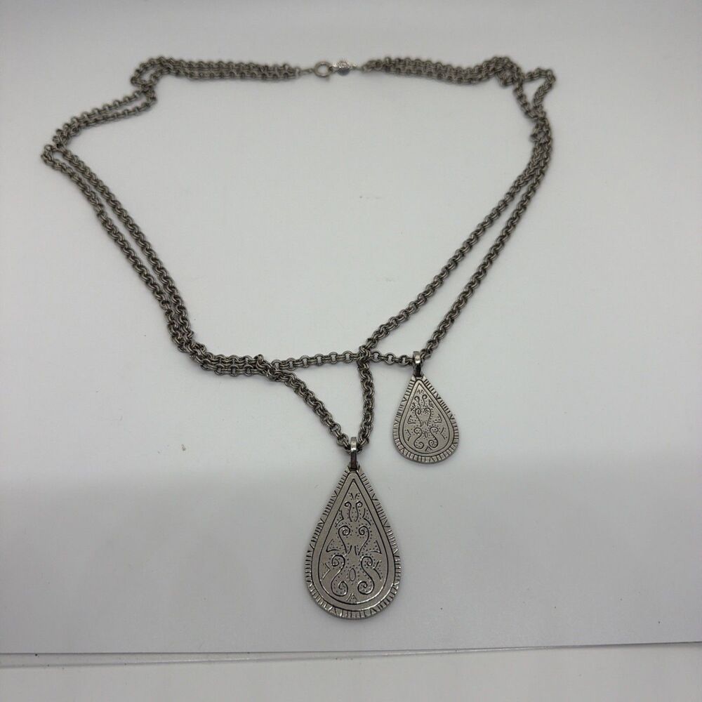 Vintage Accessocraft NYC Double Pendant Necklace Tear Drop Silver Tone- 17”